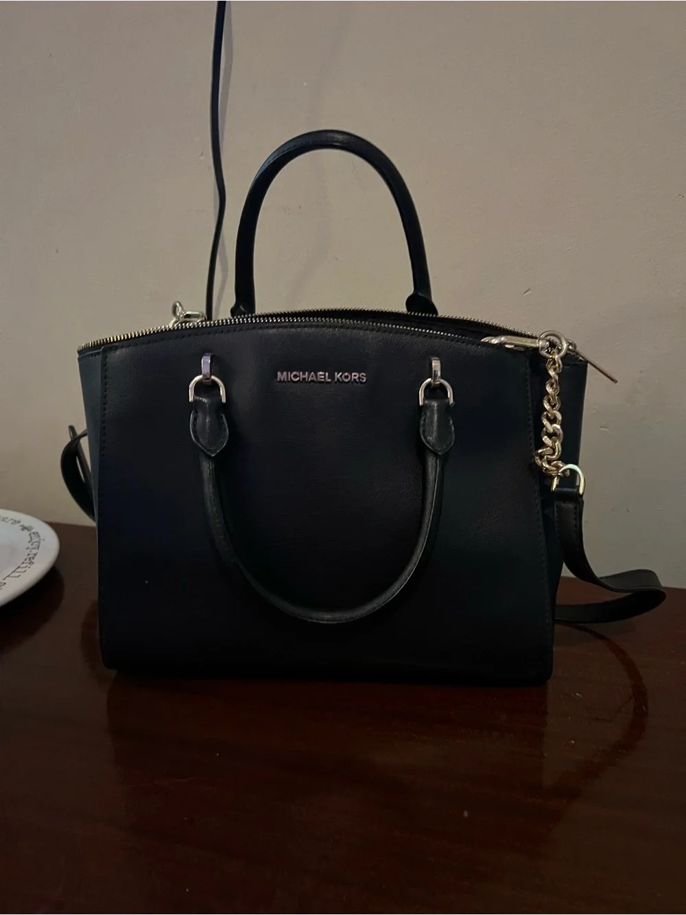 Michael Kors Black Leather Dome Satchel with Chain Accent